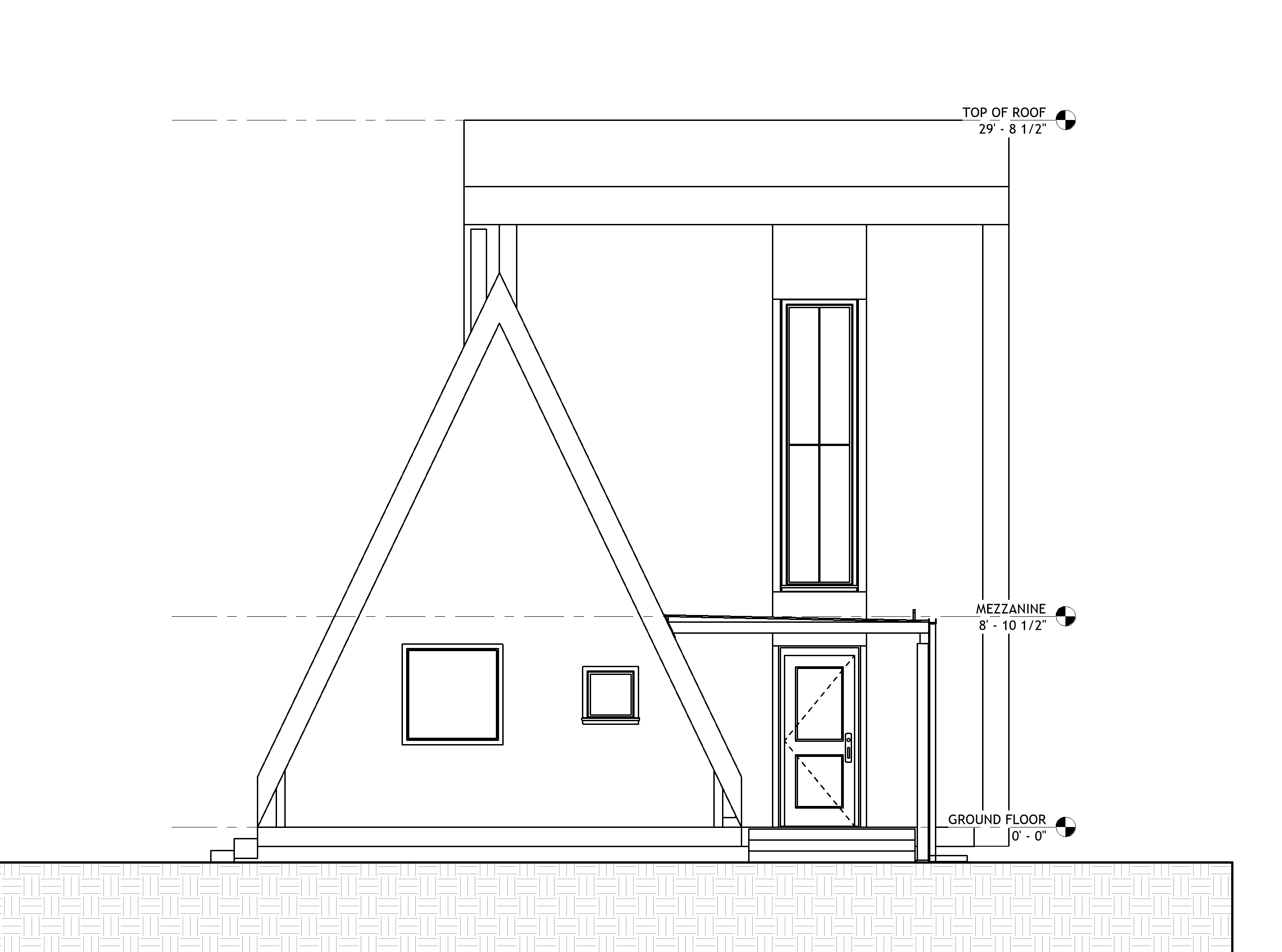 Clean east elevation with Ground Floor, Mezzanine and Top of Roof levels