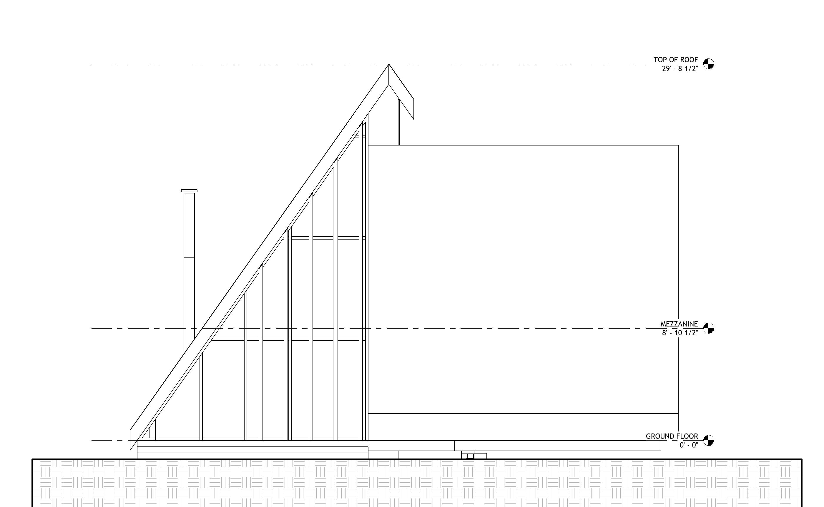 Clean south elevation with Ground Floor, Mezzanine and Top of Roof levels