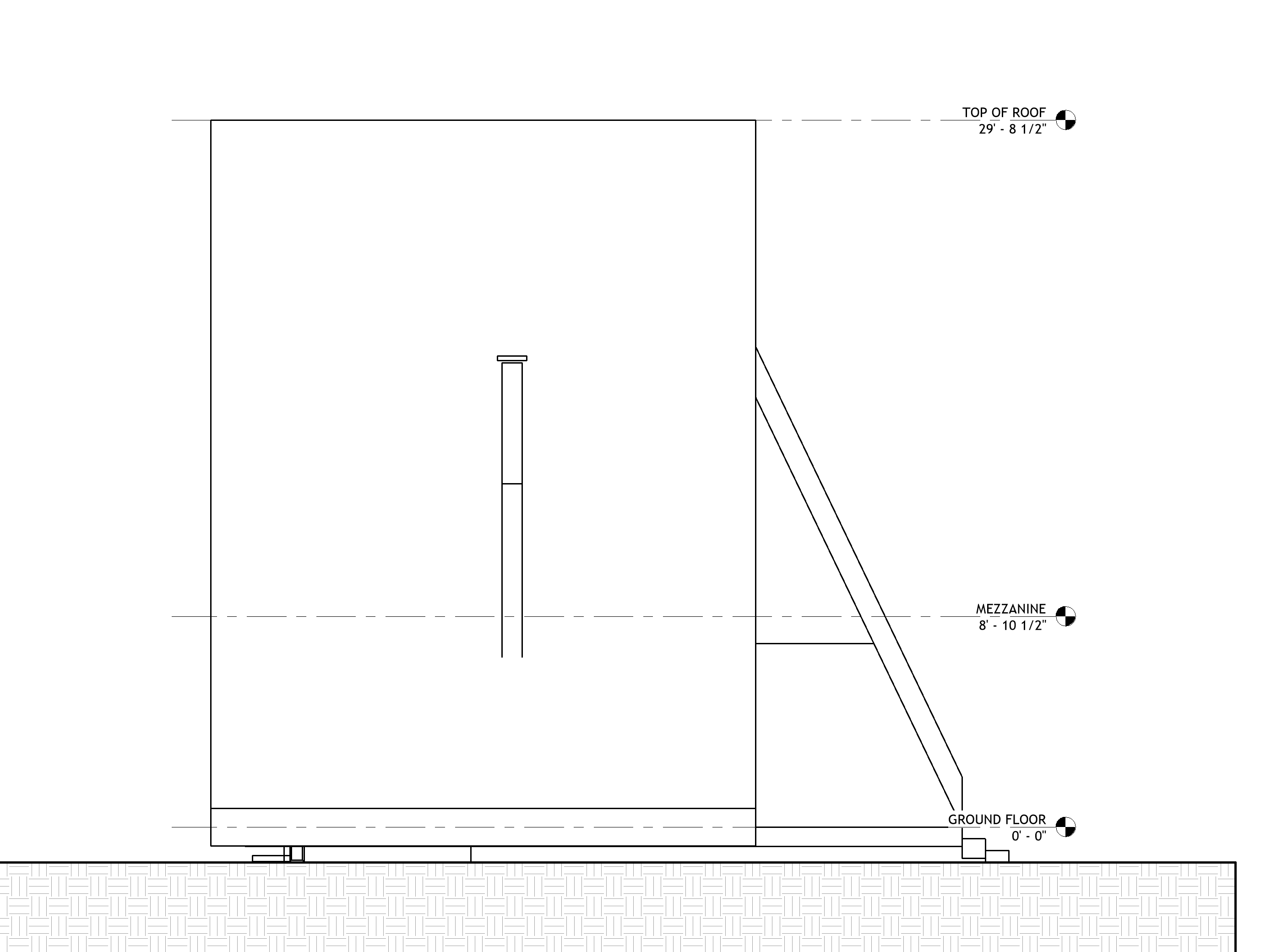 Clean west elevation with Ground Floor, Mezzanine and Top of Roof levels