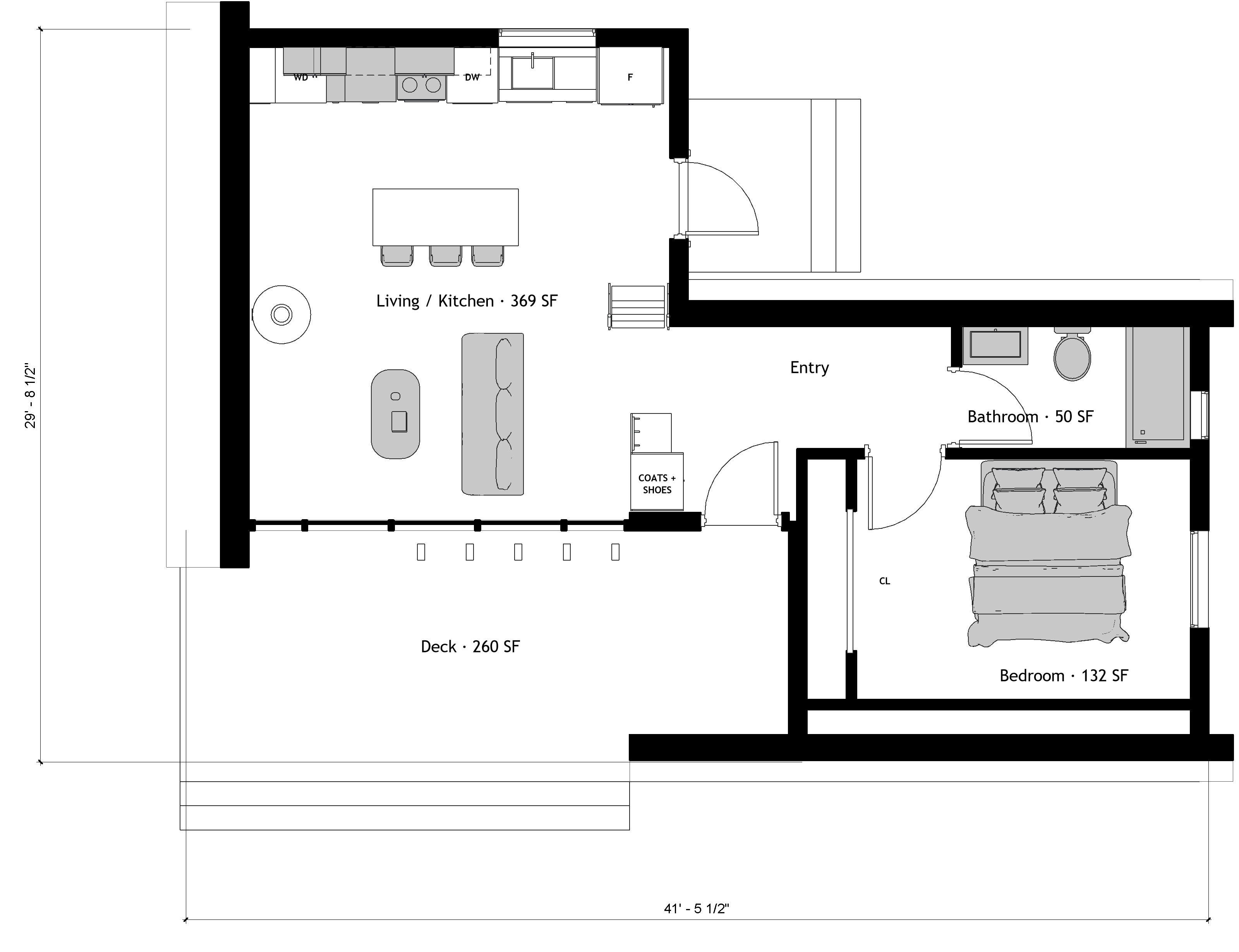 Ground-floor plan identifying the coat and shoe storage, washer-dryer, dishwasher, fridge and bedroom closet