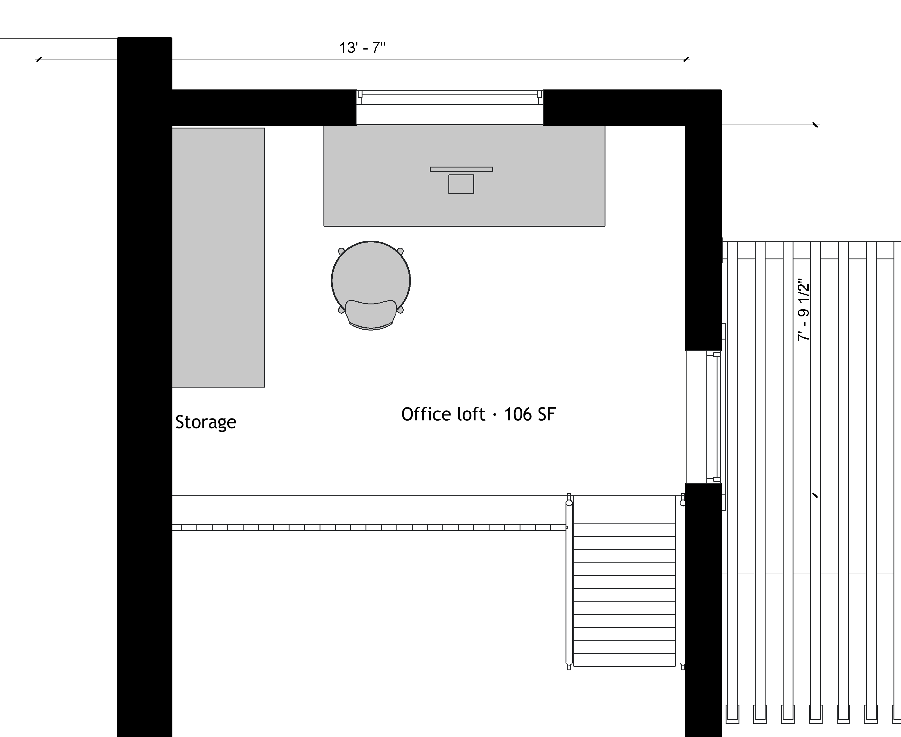 Office loft plan with a compact 106-square-foot label, storage, stair access and two simplified dimensions