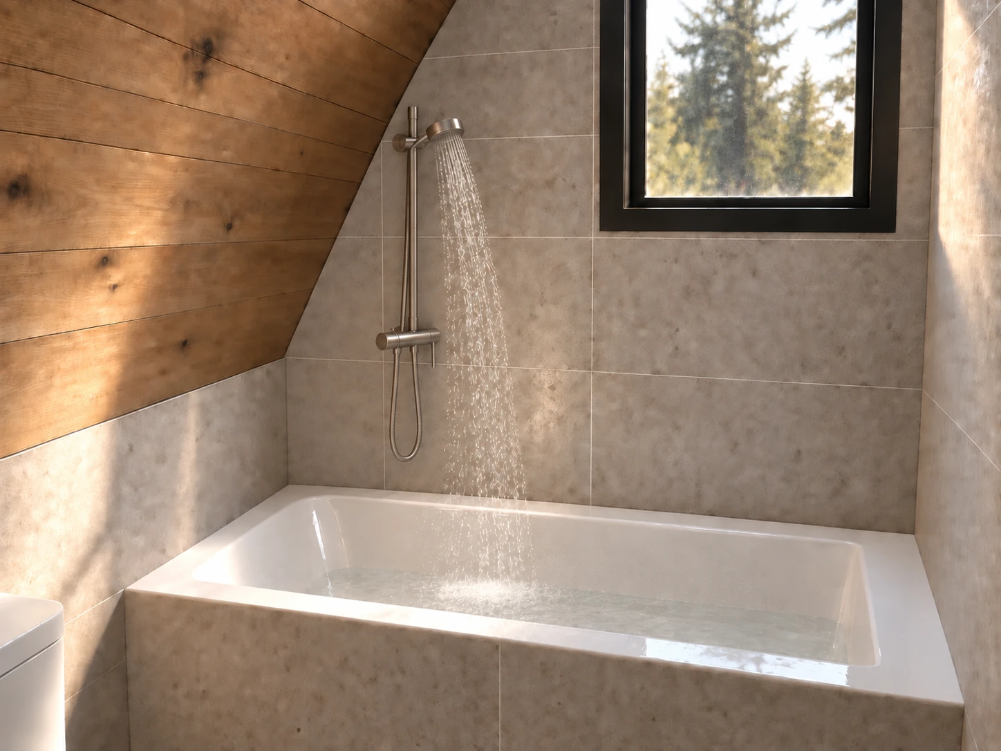 Bathroom design visualization with a bathtub, window and proposed shower fixture