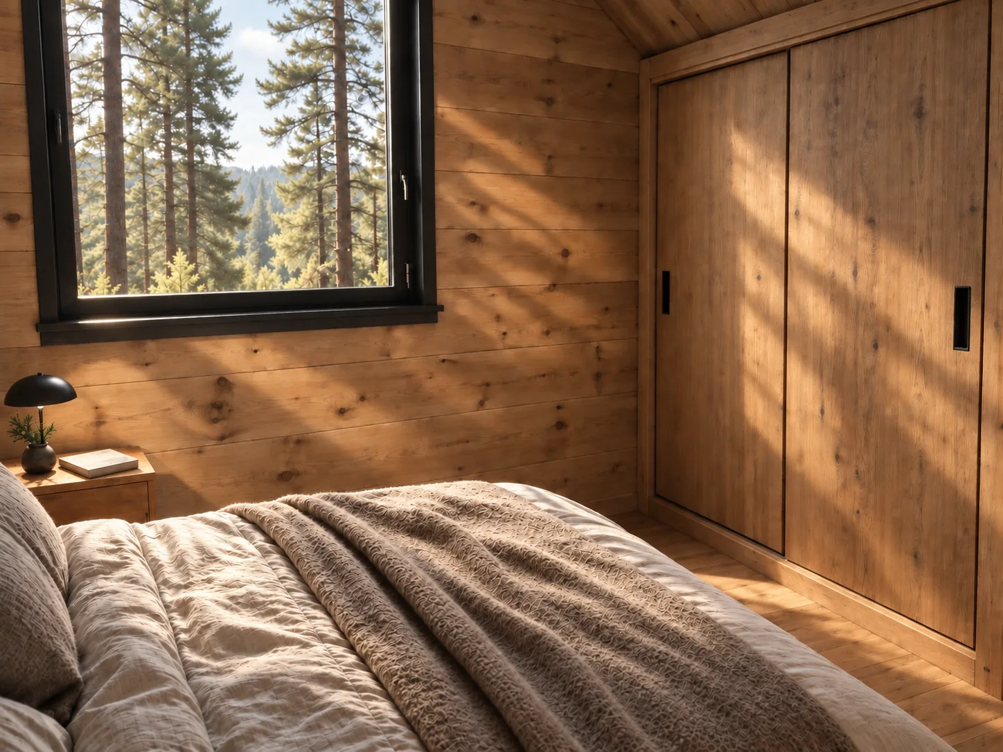 Photographic bedroom design study with warm timber finishes, fitted closet and natural light