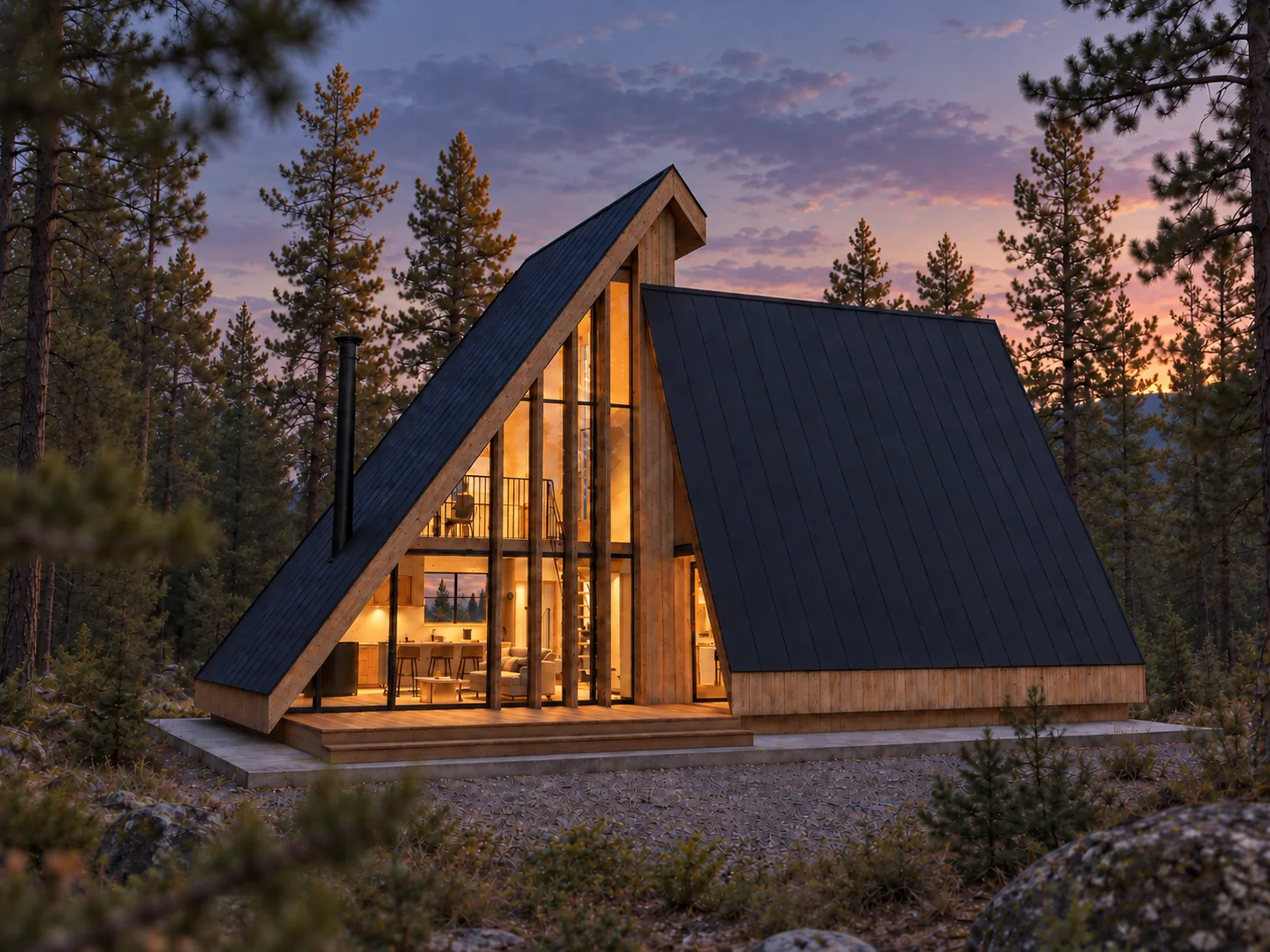 Warm evening light behind the tall glazing of SHIFT Cabin