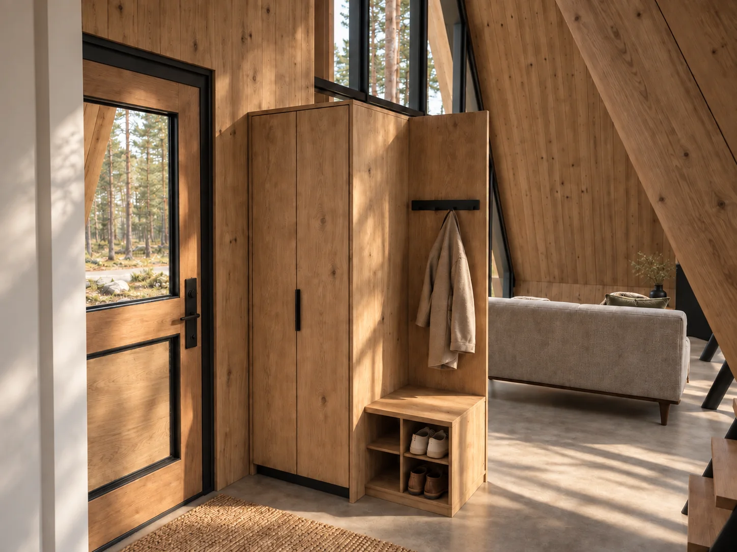Entry wardrobe with coat hooks, bench and shoe cubbies beside the living room