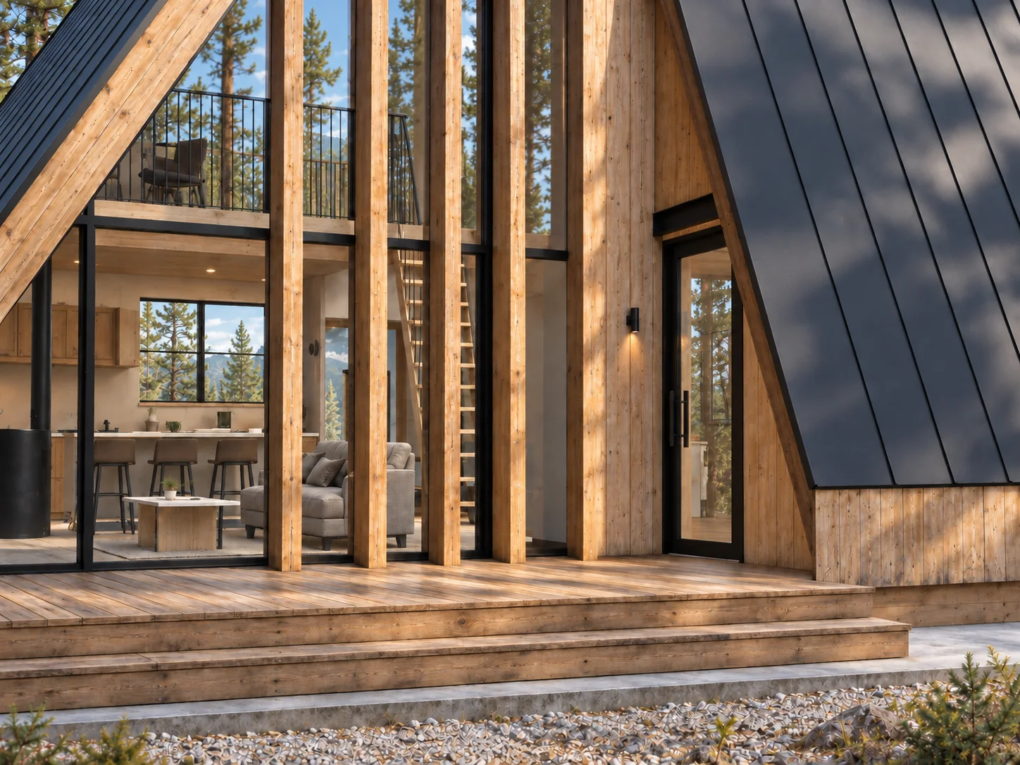 Close photographic design view of the timber-lined entrance and black-framed glazing