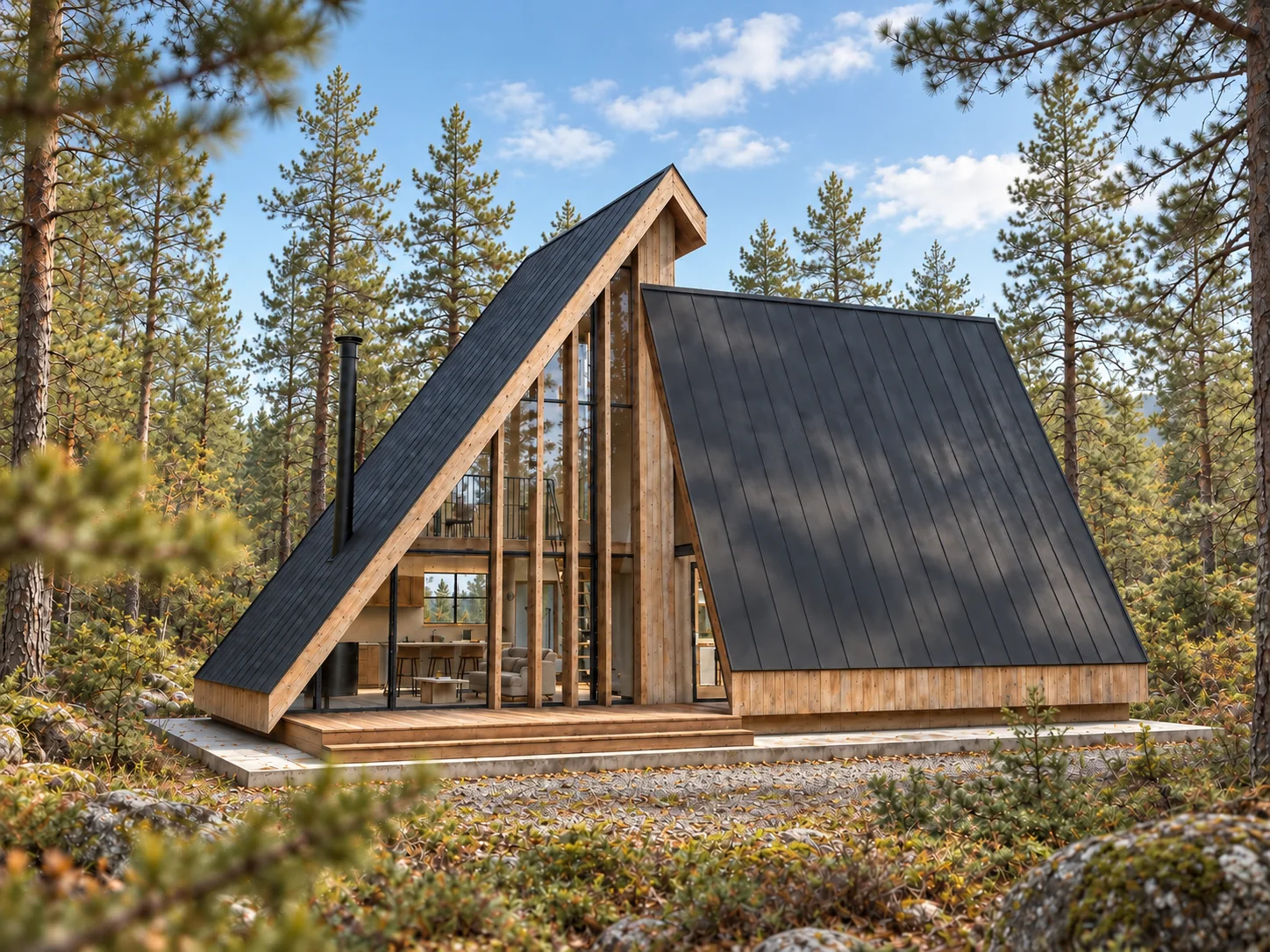 Sunlit design visualization of SHIFT Cabin with offset dark metal roofs, timber cladding, full-width front steps and a tall glazed living room