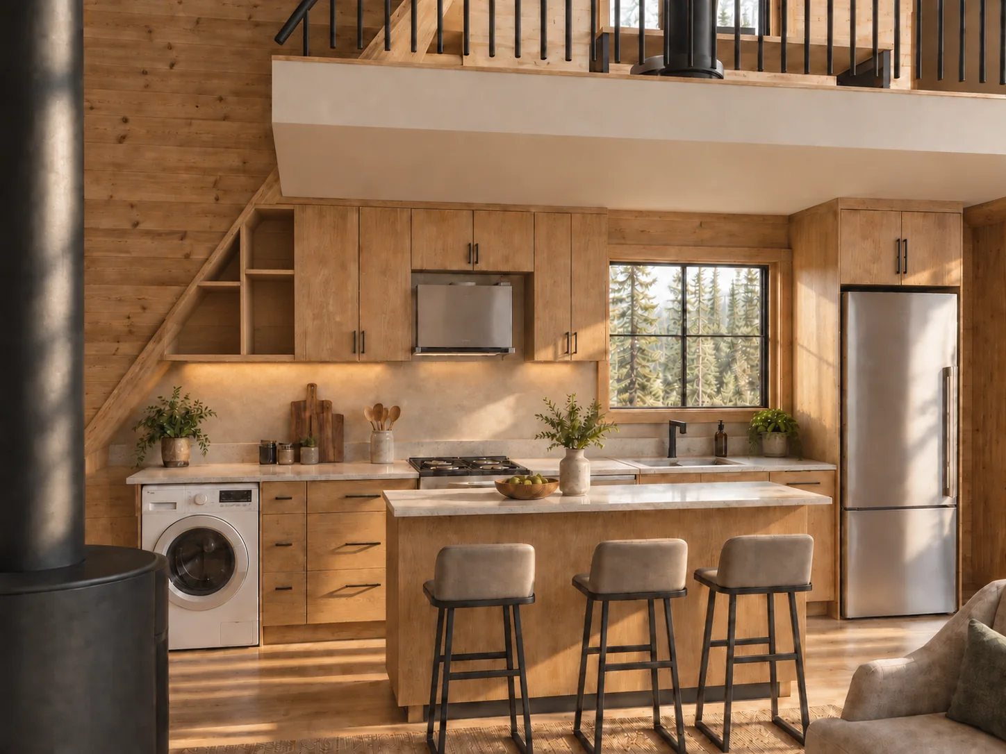 Oak kitchen with fitted upper cabinets, an open sloped end shelf, cooker hood, refrigerator surround and linear pendant over the island