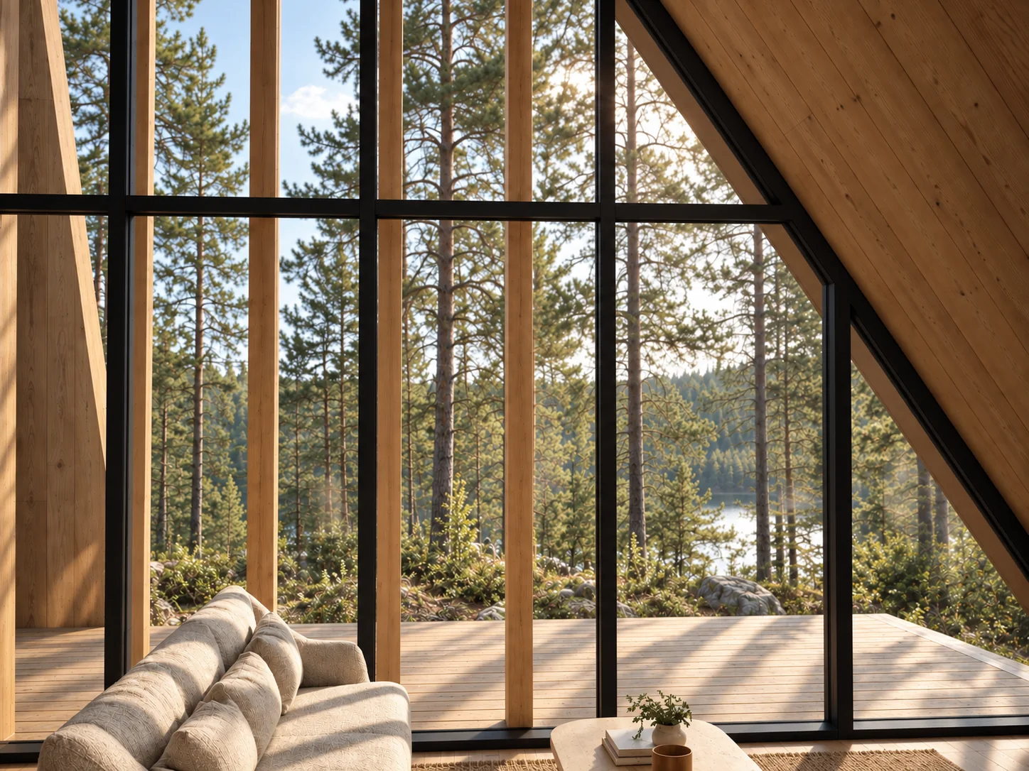 Photographic living room design view toward the tall glazed facade