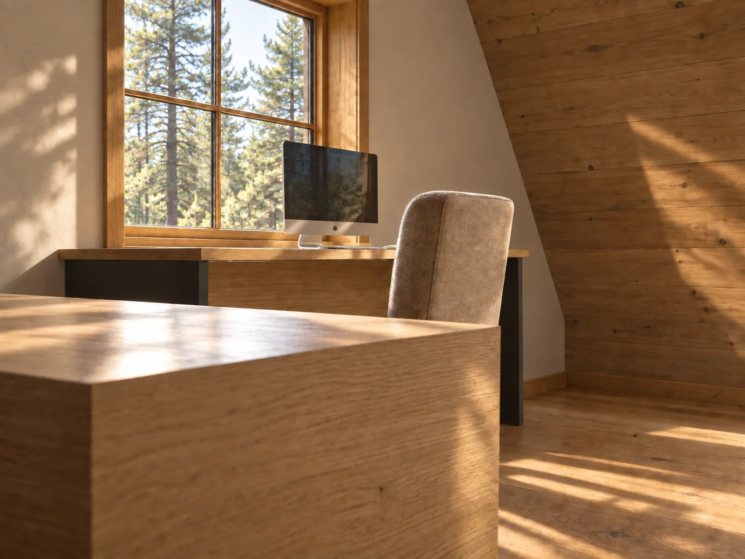 Photographic office loft design study under the inclined timber-lined roof