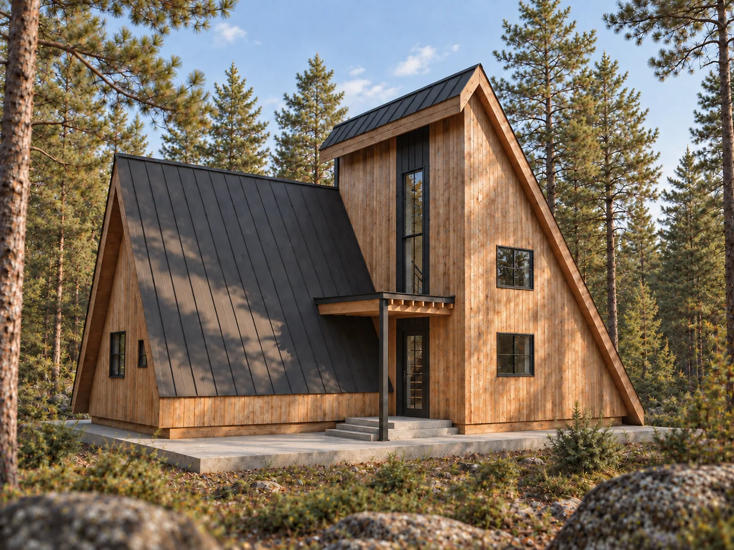 Sunlit photographic design study of the rear facade with a deeper covered entrance and sheltered landing