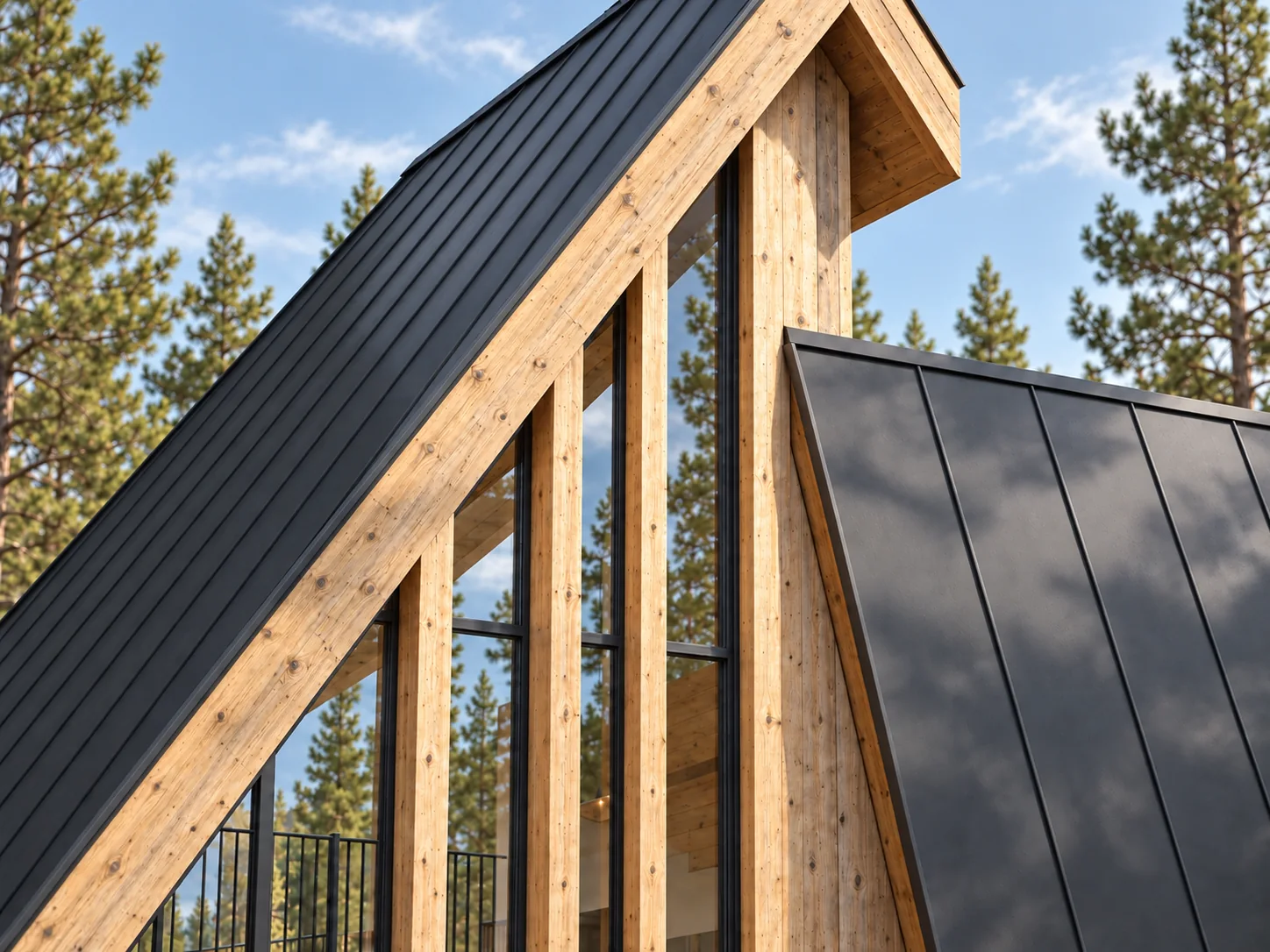 Close photographic design view of the roof edge, standing seams, exposed timber and glazing junction