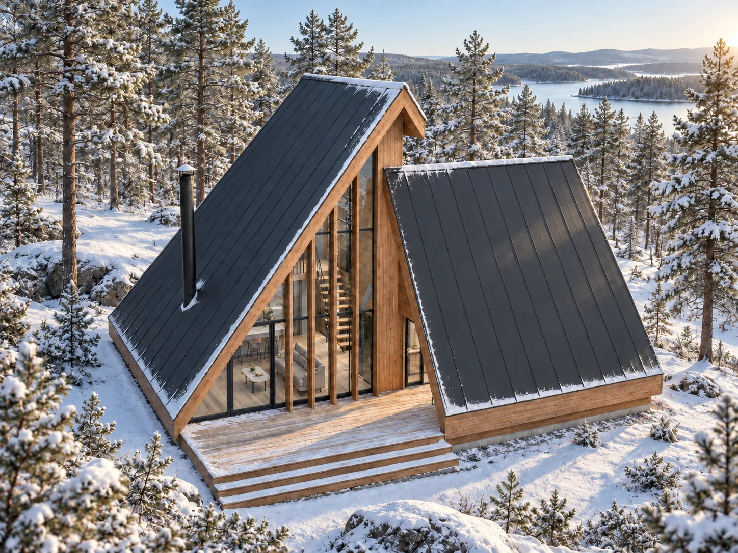 Elevated winter design view showing the offset roof forms, chimney and snow-covered pine woodland